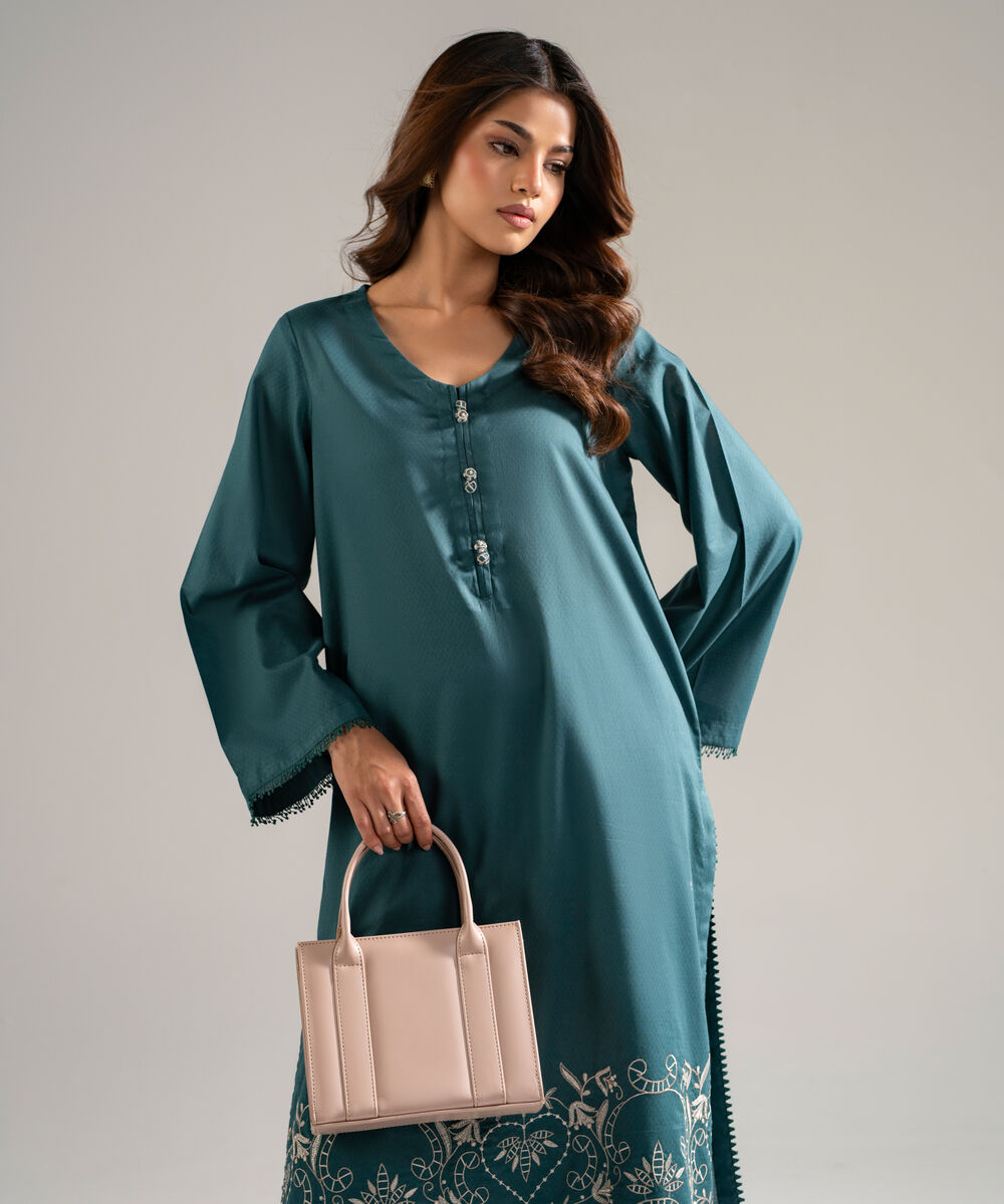 Women's RTW Dobby Embroidered Teal 2 Piece Suit