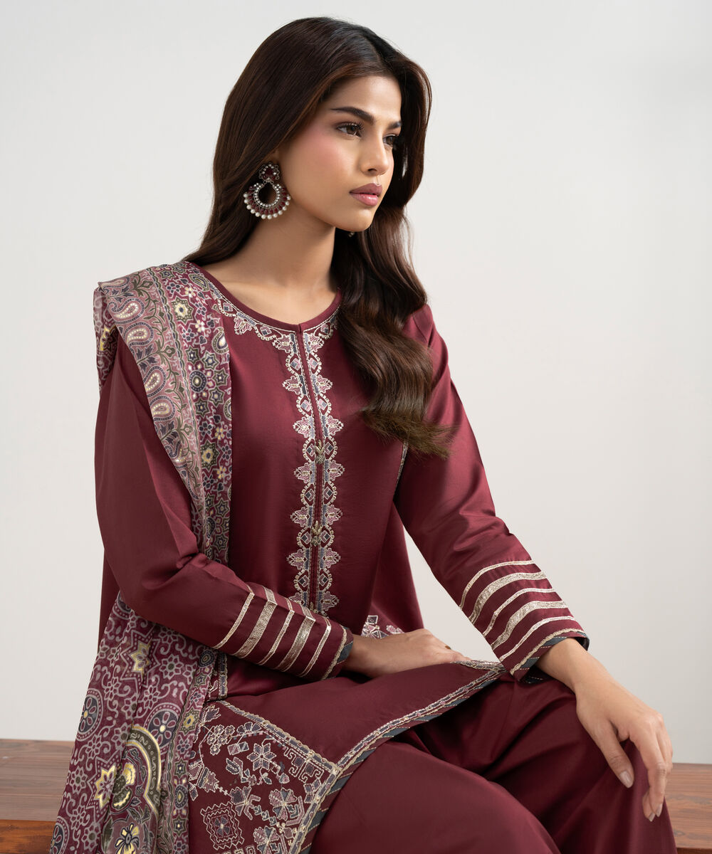 Women's Unstitched Lawn Embroidered Red 3 Piece Suit