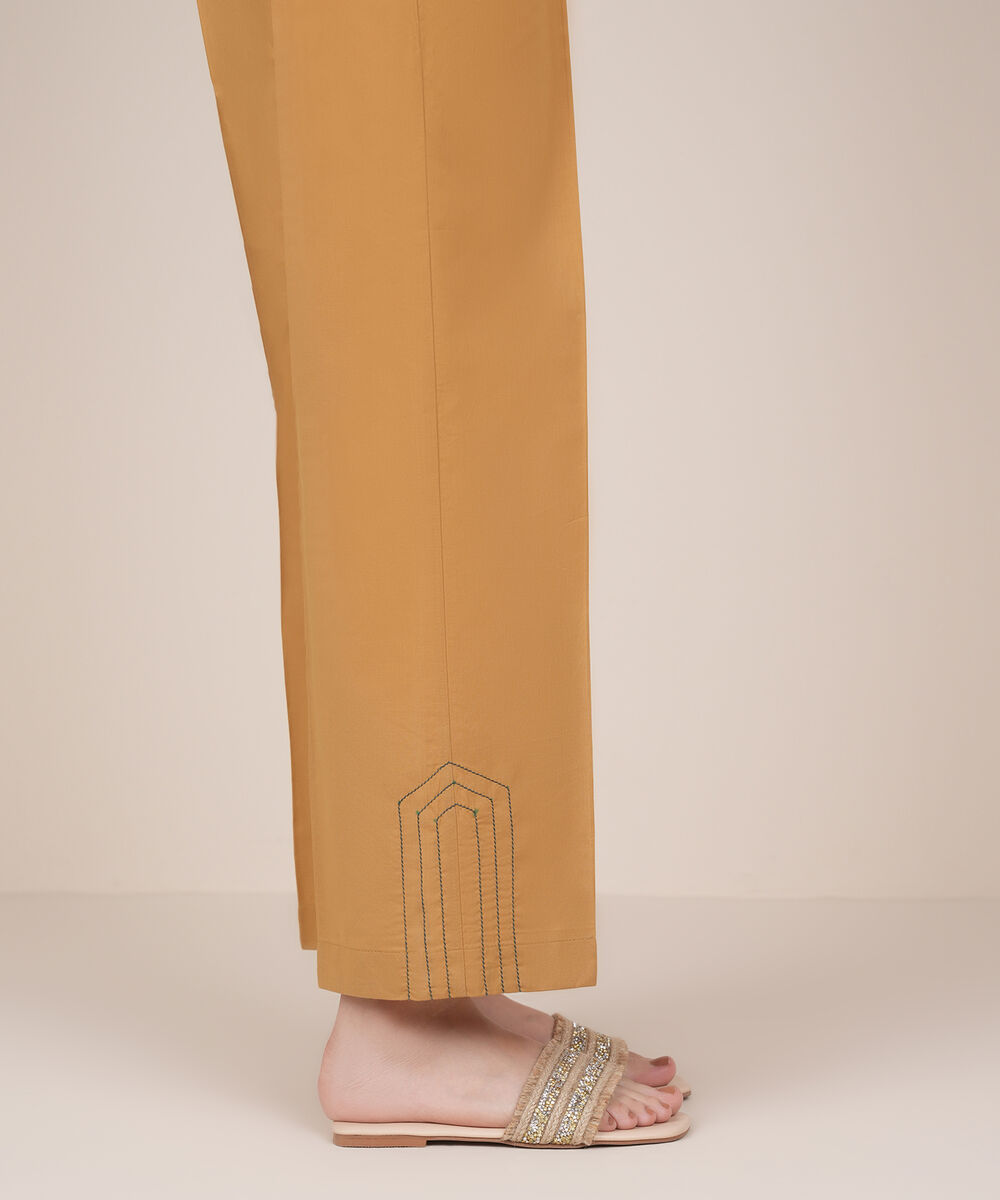 Women's RTW Cambric Brown Solid Straight Pants