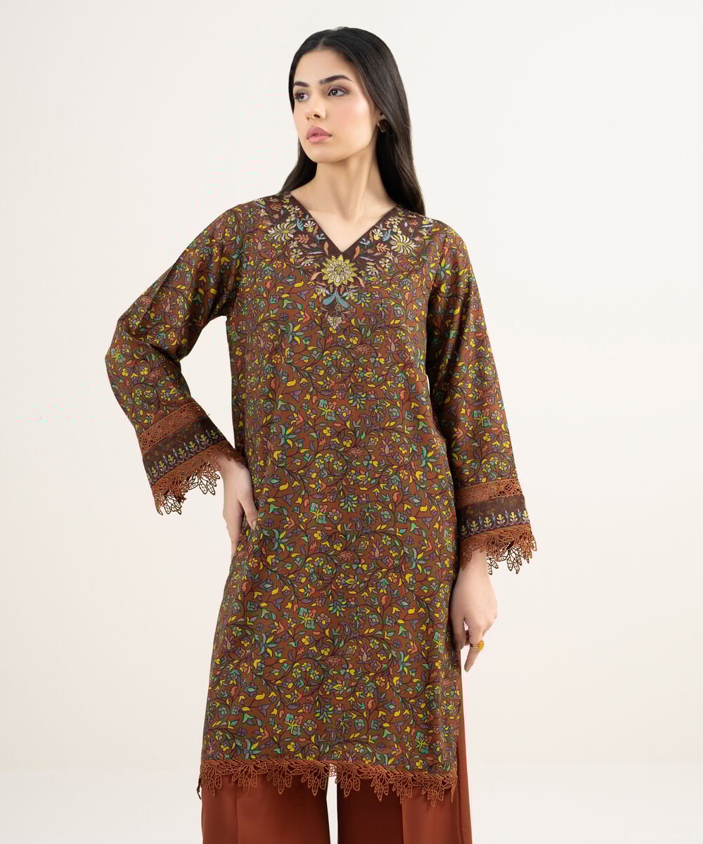 Women's RTW Arabic Cambric Embroidered Brown Straight Shirt