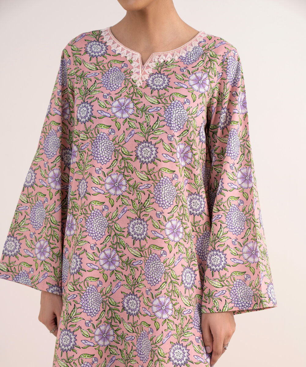 Women's RTW Textured Lawn Pink Embroidered Straight Shirt