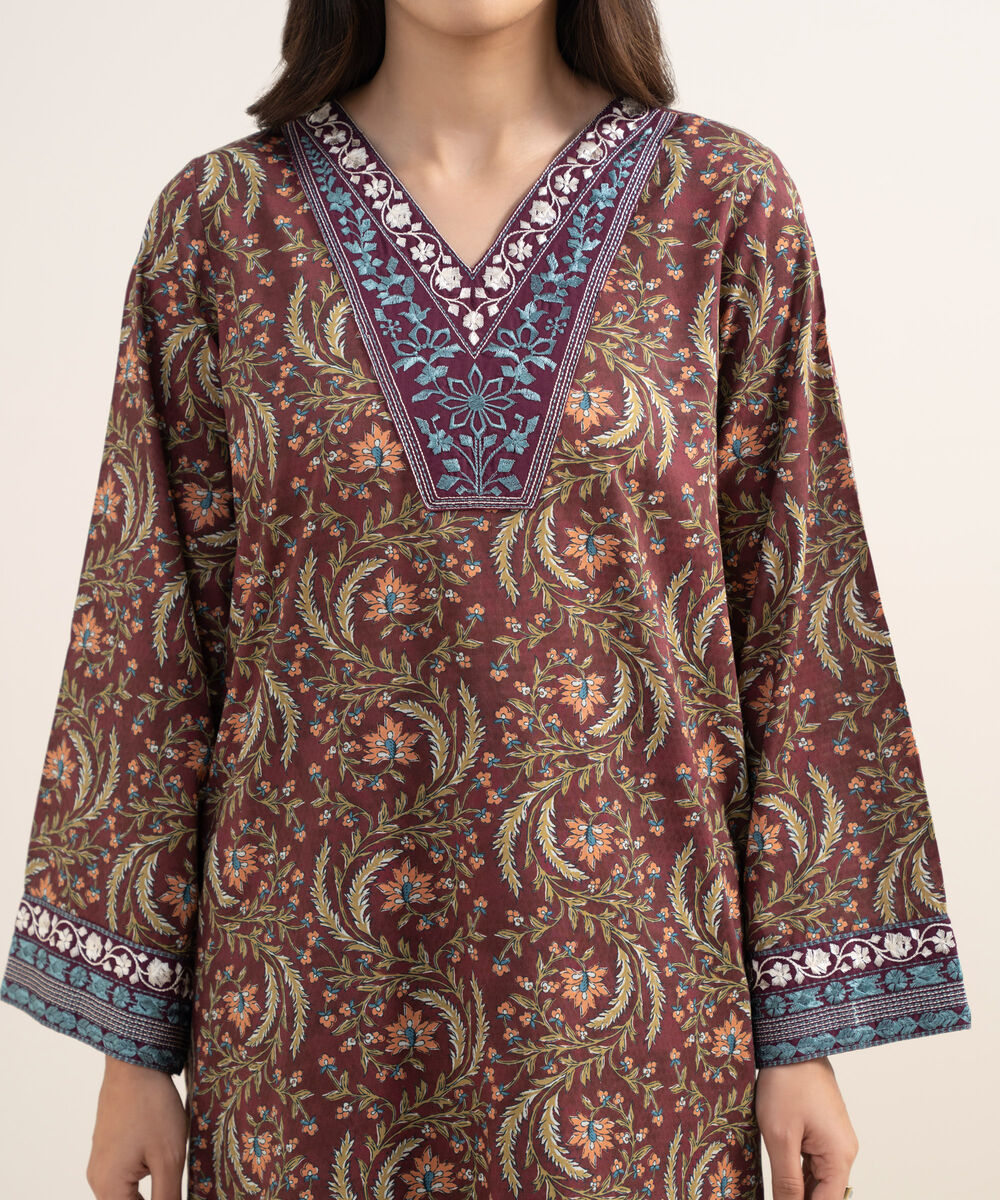 Women's RTW Dobby Embroidered Maroon 2 Piece Suit