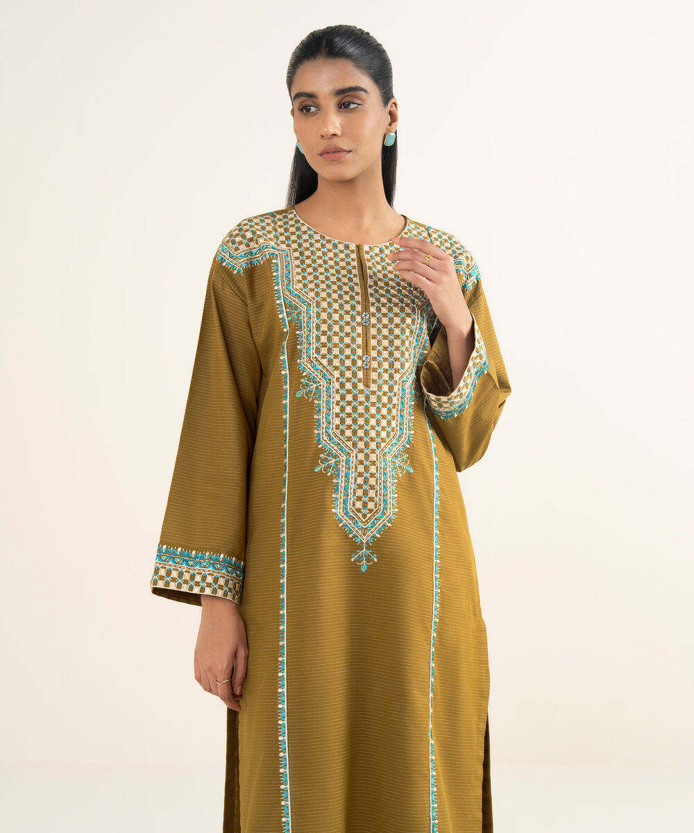 Women's RTW Light Khaddar Embroidered Brown A-Line Shirt