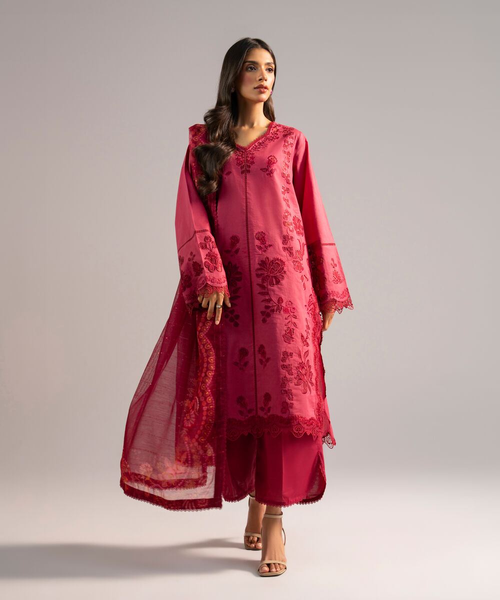 Women's RTW Lawn Embroidered Pink 3 Piece Suit