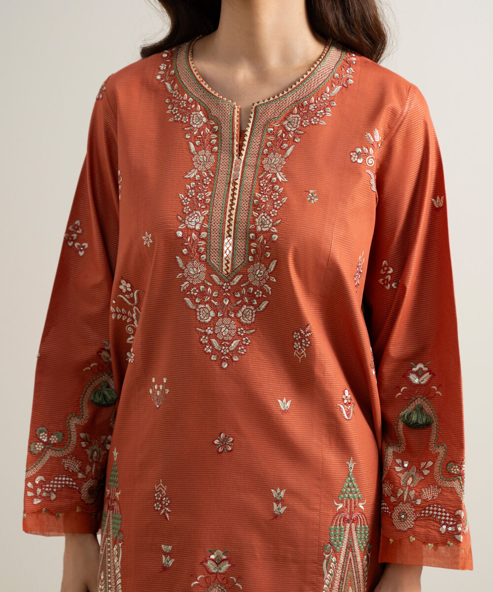Women's Unstitched Zari Lawn Embroidered Orange 3 Piece Suit