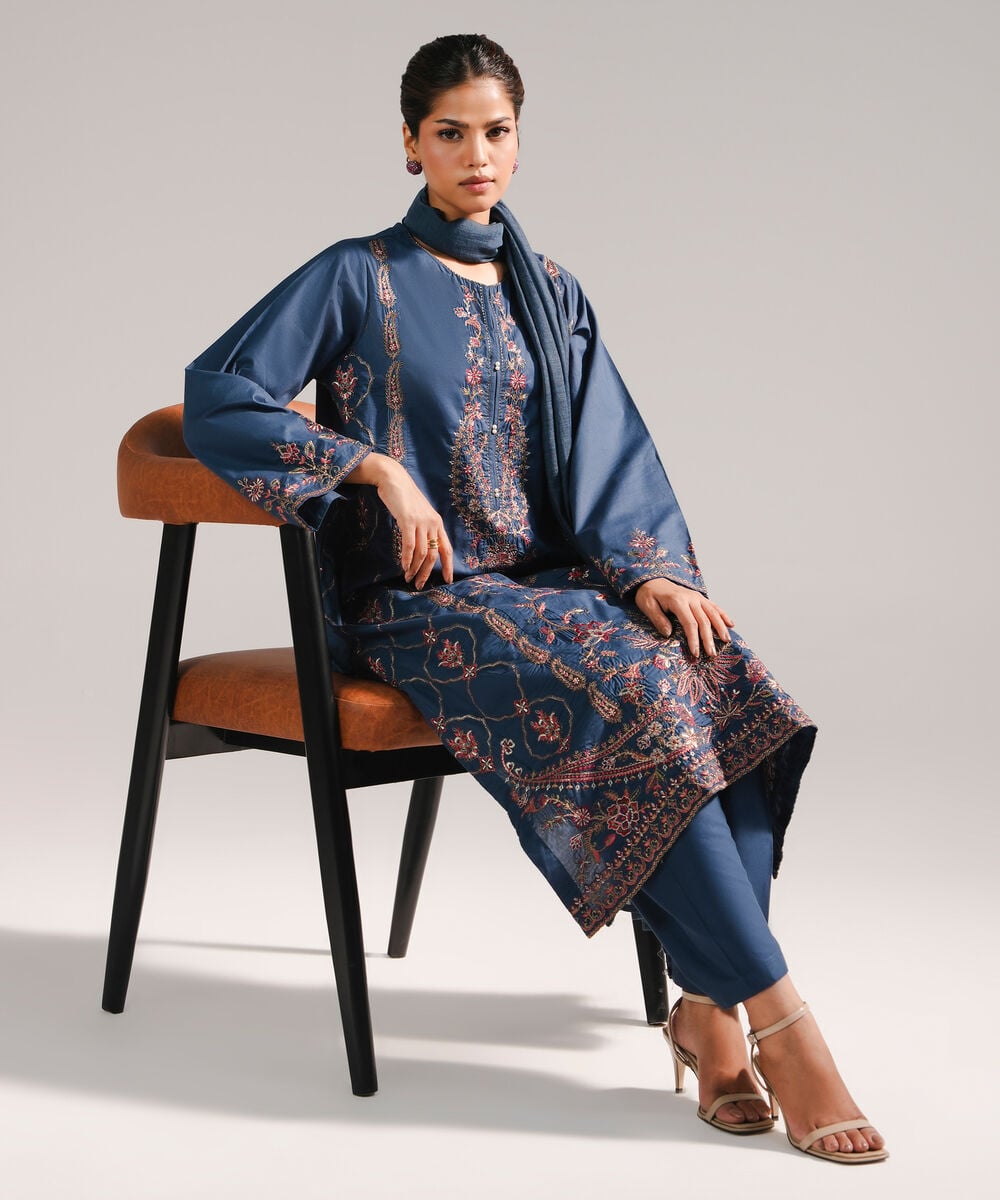Women's RTW Lawn Embroidered Dark Blue 3 Piece Suit