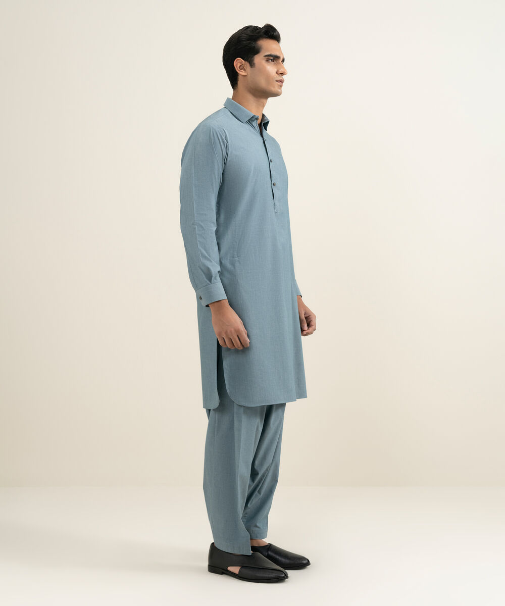 Men's blue Blended Yarn Dyed Kameez Shalwar