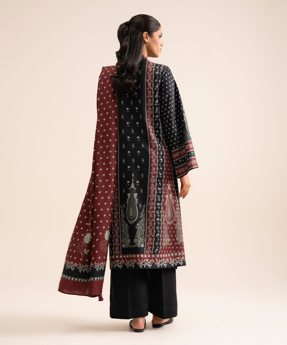 Women's Unstitched Viscose Linen Printed Black 3 Piece Suit