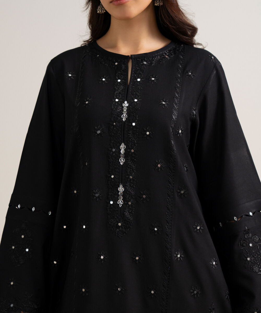 Women's Unstitched Embroidered Linen Black 3 Piece Suit