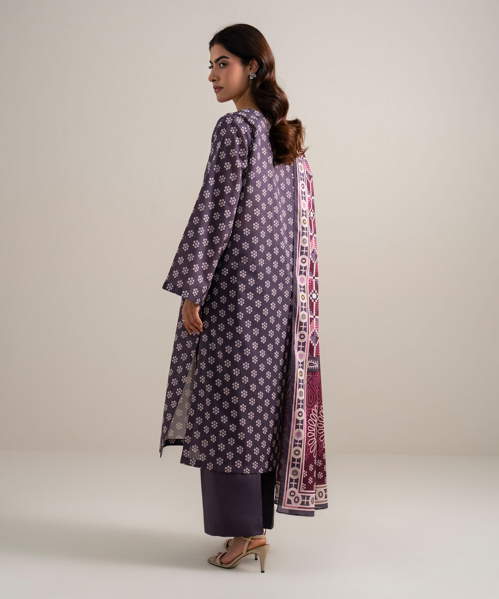 Women's Unstitched Lawn Embroidered Brown and Off White 3 Piece Suit