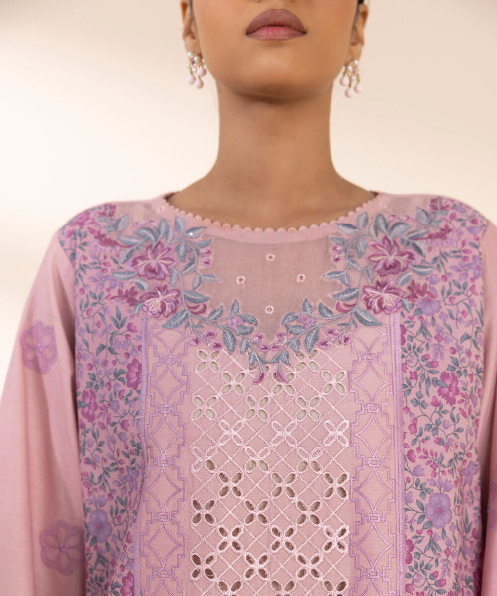 Woman - Pink 3 Piece - Embroidered Cotton Satin Suit