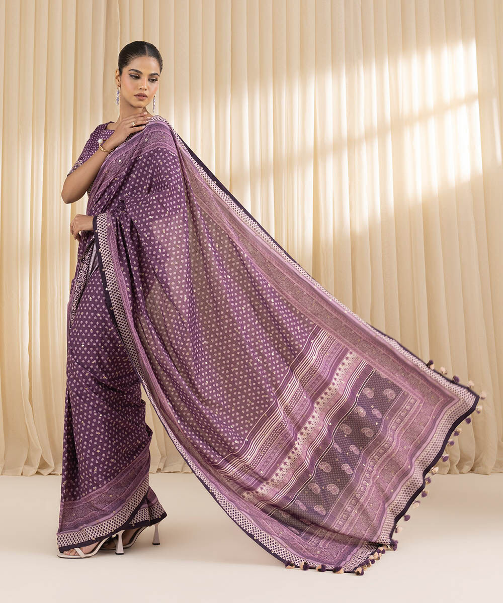 Women's Embroidered Dobby Purple Saree