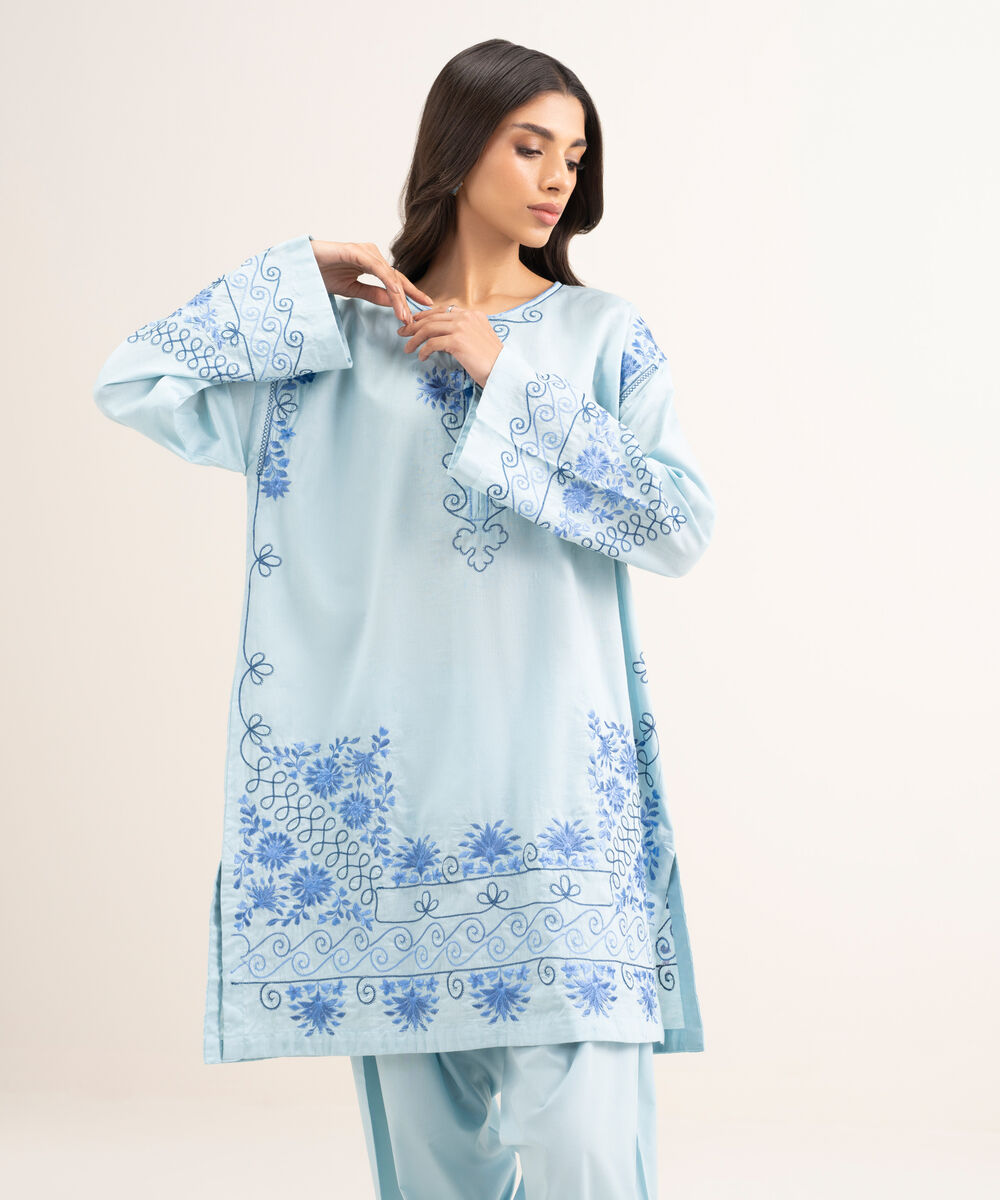 Women's RTW Self Jacquard Embroidered Blue Straight Shirt