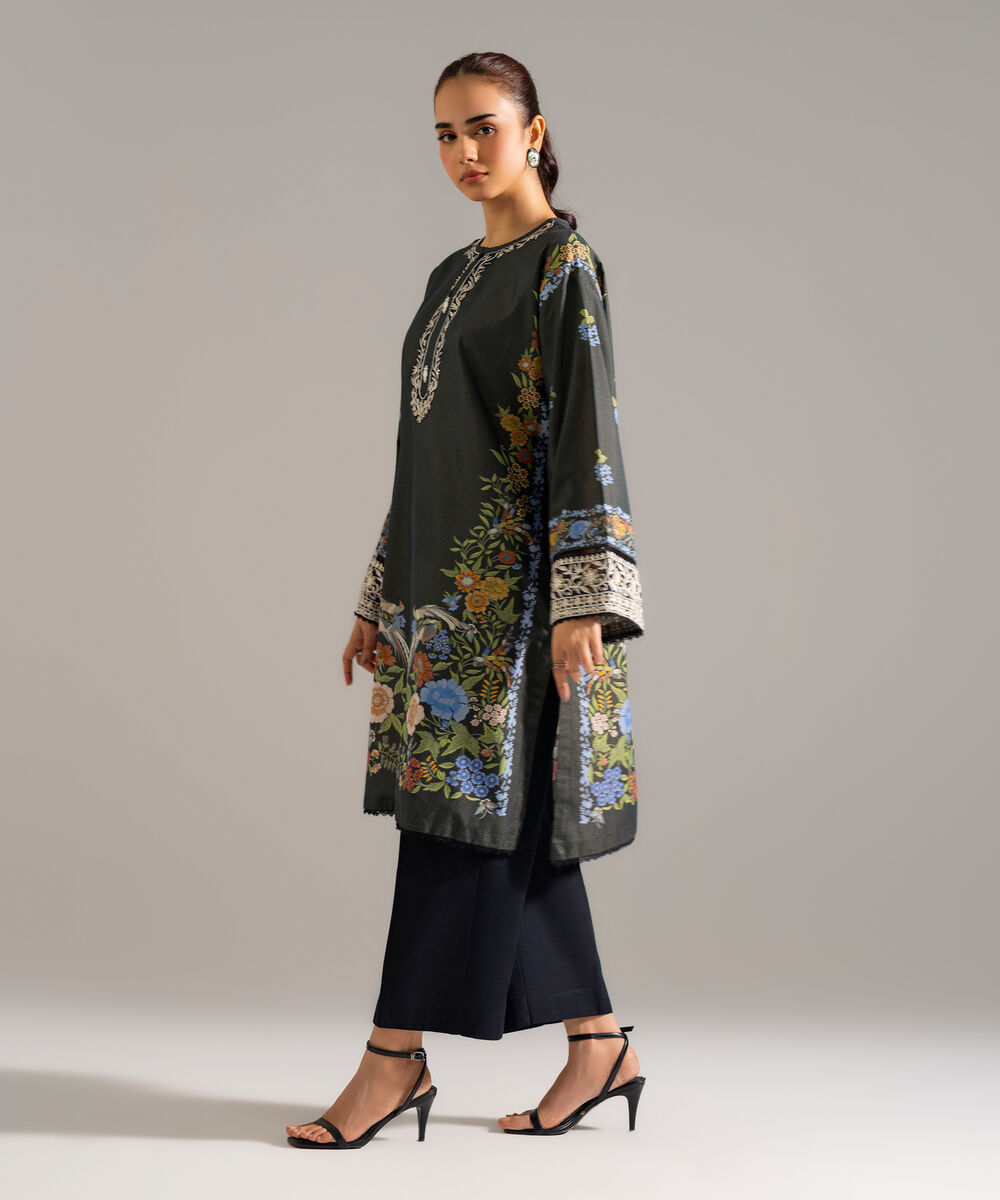 Women's RTW Zari Lawn Embroidered Black Drop Shoulder Shirt