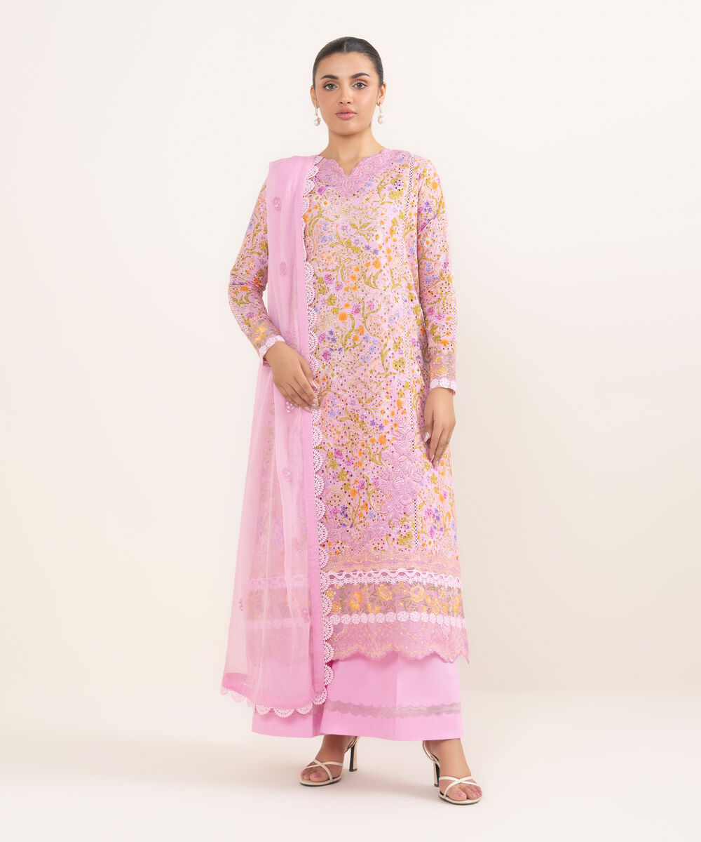 Women's Unstitched Cotton Embroidered Pink 3 Piece Suit