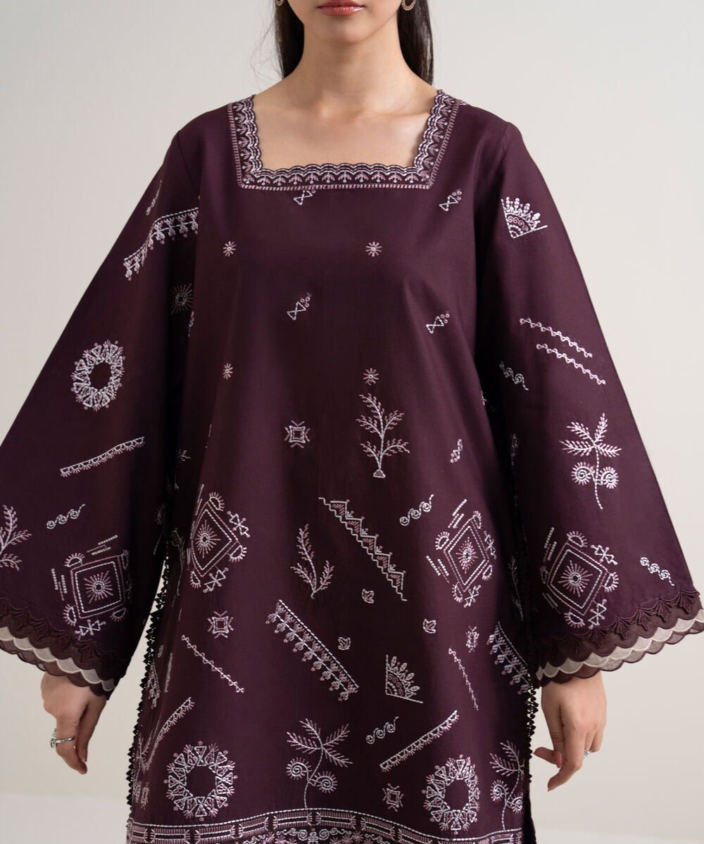 Women's Unstitched Cotton Embroidered Purple 3 Piece Suit