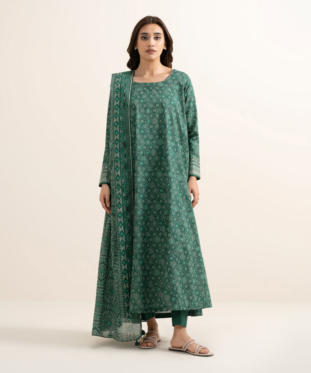 Women's Unstitched Lawn Printed Green 3 Piece Suit