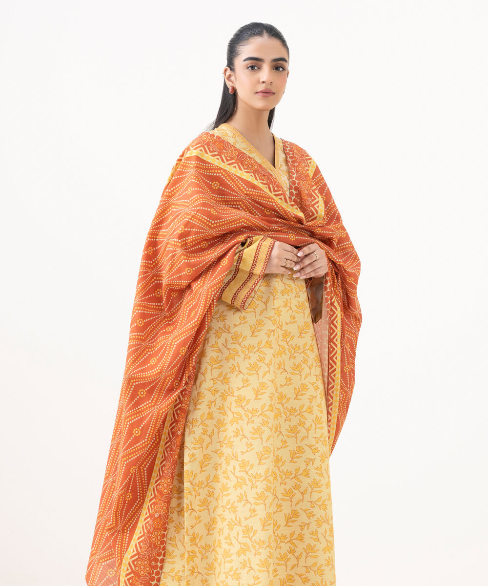 Women's Unstitched Cotton Printed Yellow 2 Piece Suit