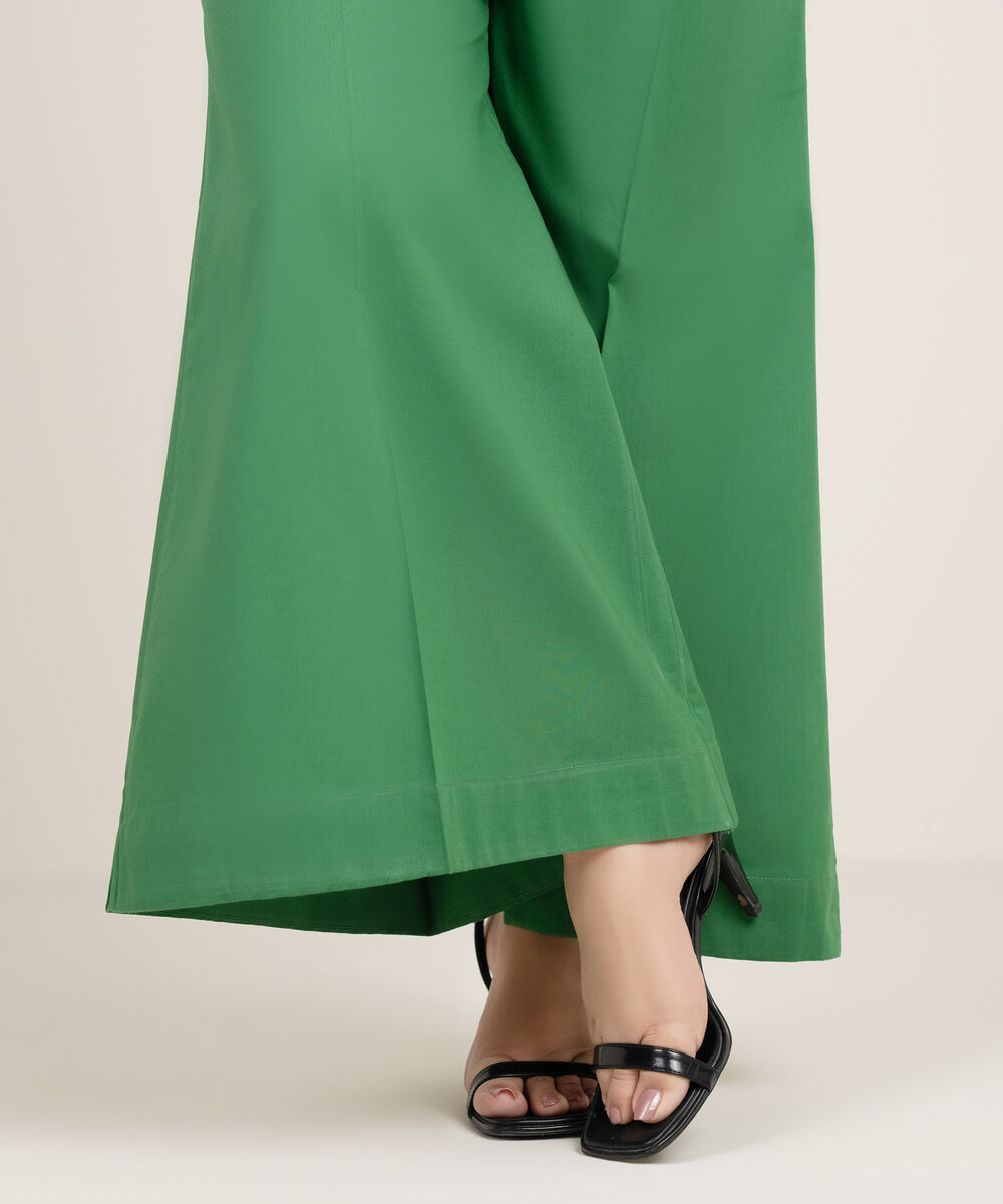 Women's RTW Cambric Solid Green Flared Pants