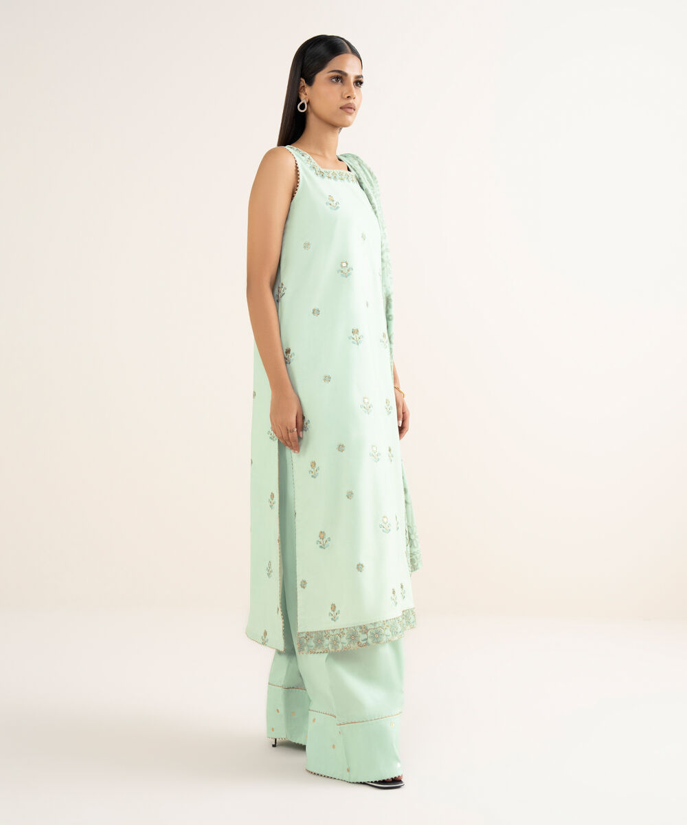 Women's Unstitched Embroidered Cotton Light Aqua 3 Piece Suit