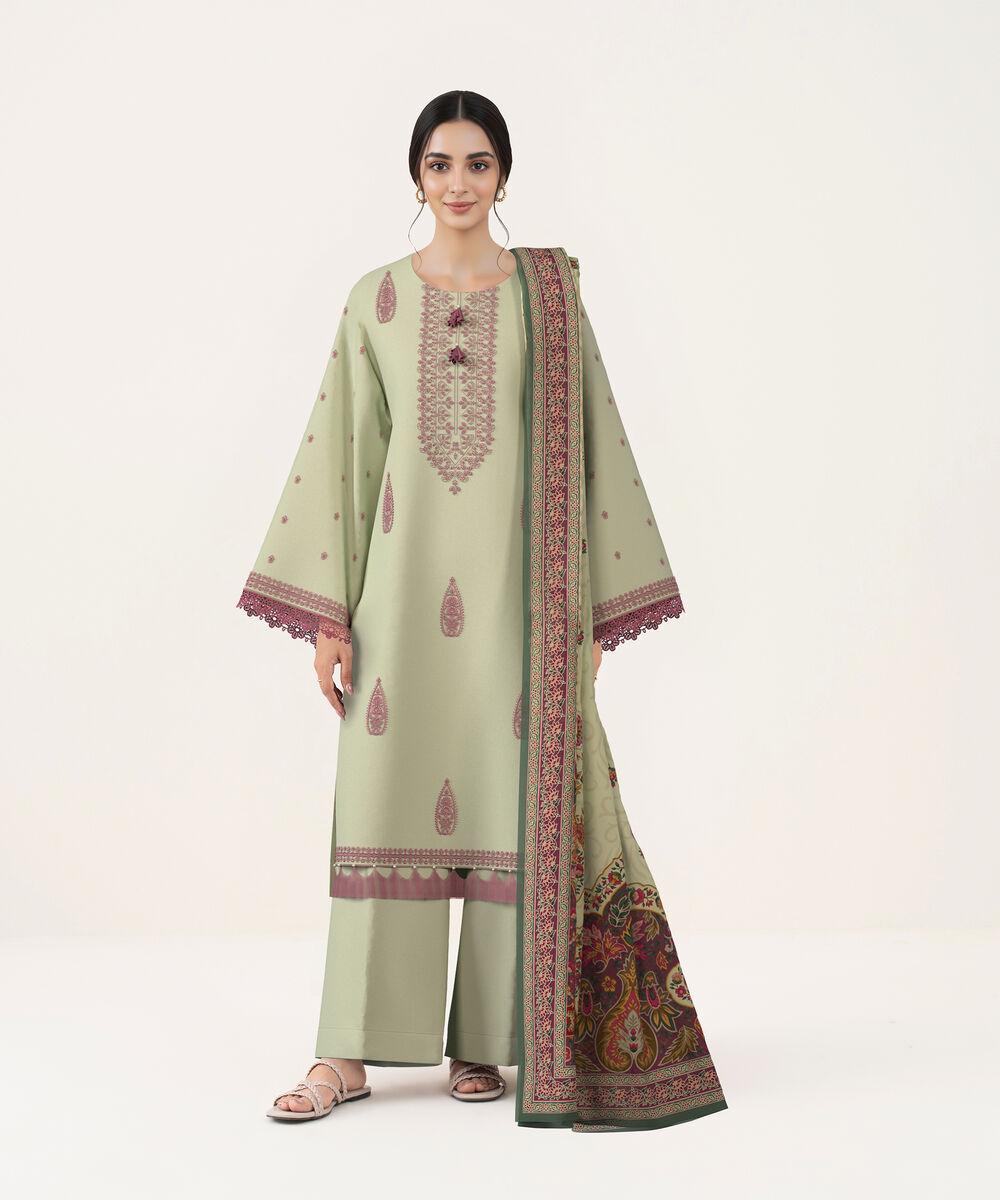 Women's Unstitched Lawn Light Sage Green Embroidered 3 Piece Suit