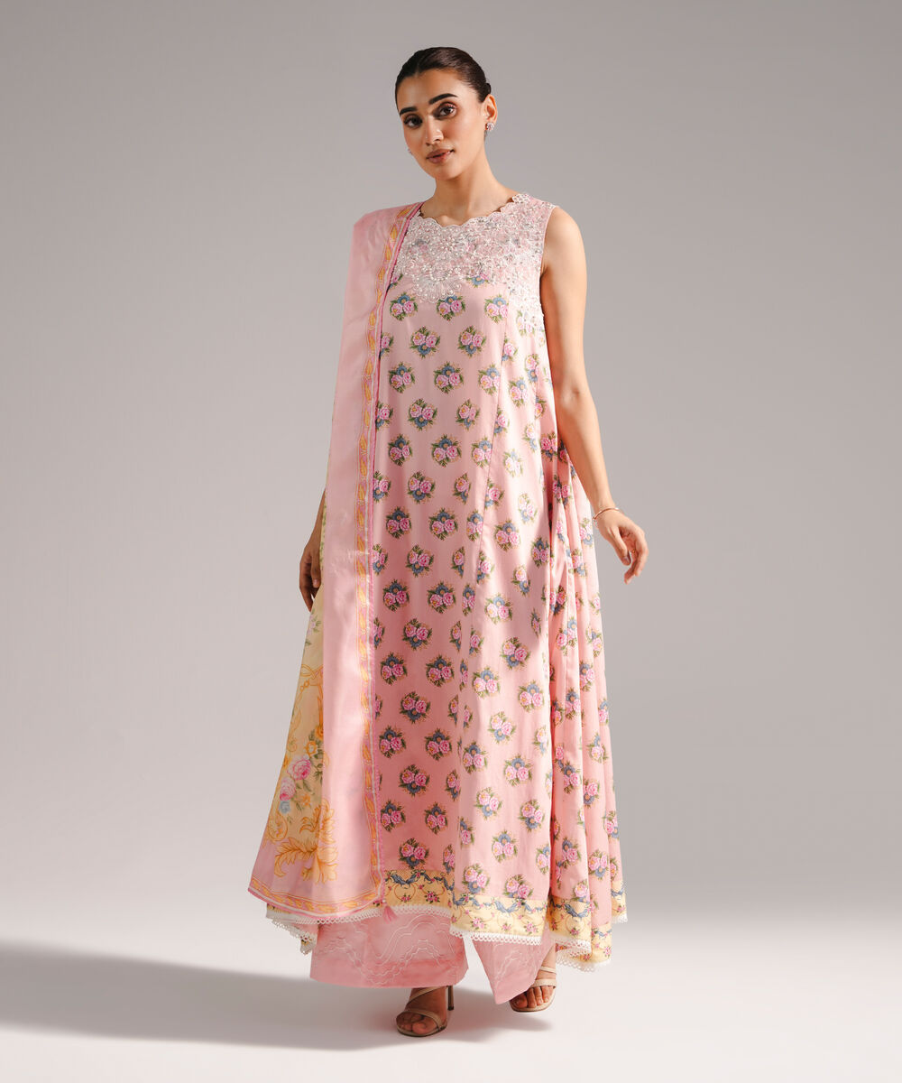 Women's RTW Cotton Satin Embroidered Pink 3 Piece Suit