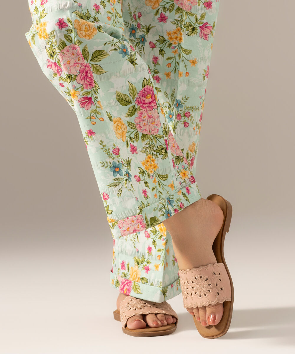 Women's RTW Seersucker Printed Turquoise Straight Pants