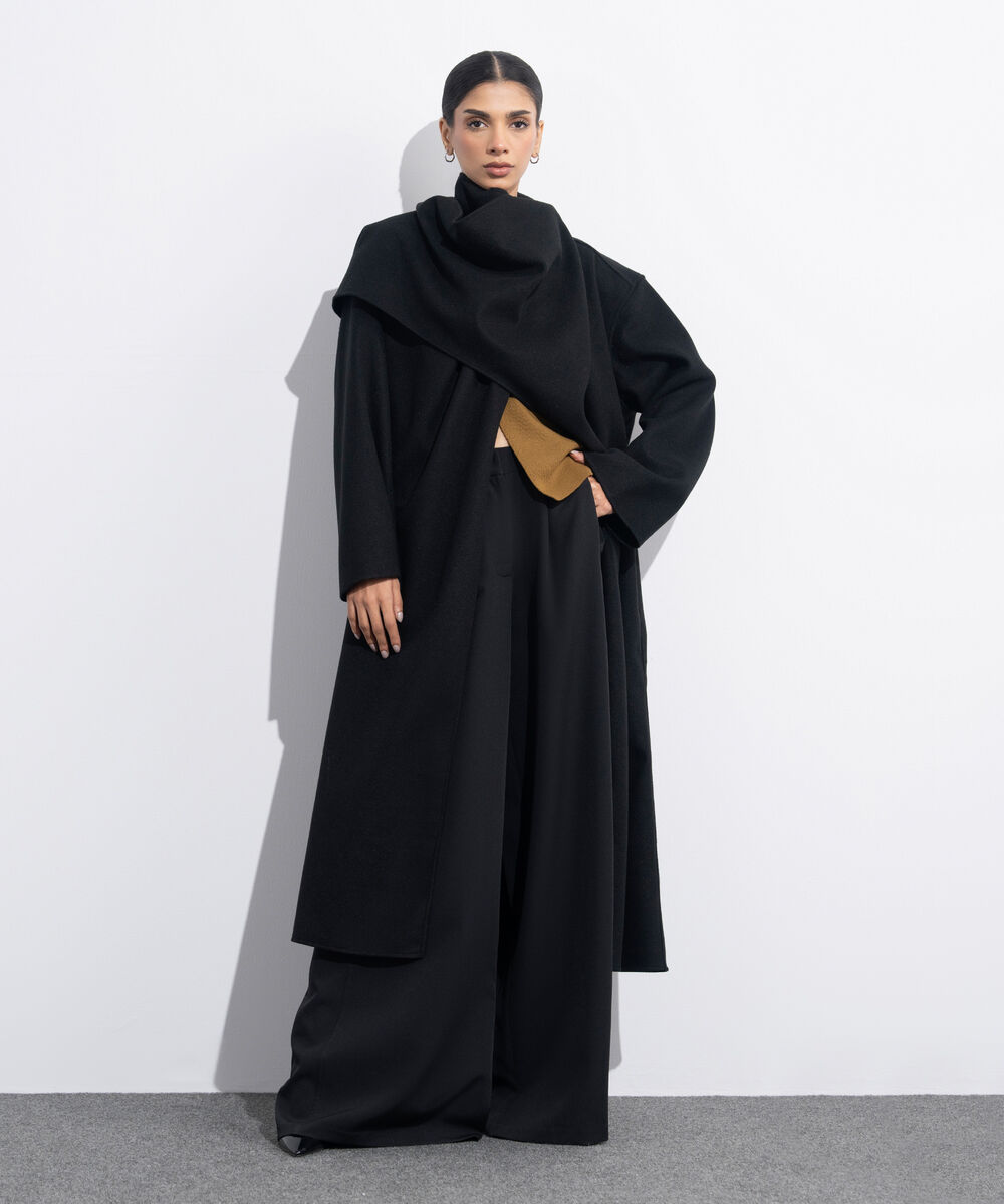 Women's Western Wear Black Long Coat With Scarf