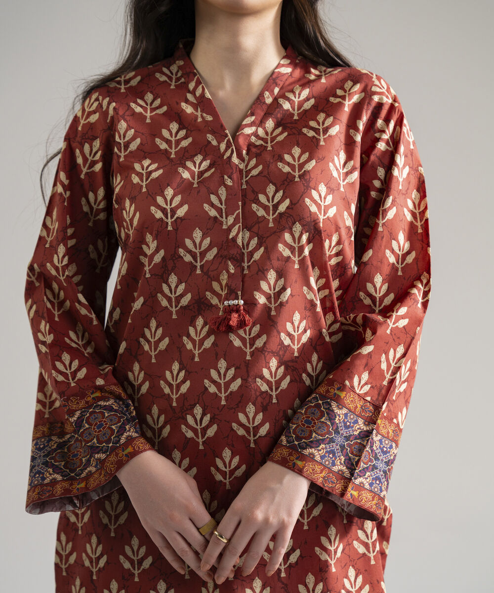Women's RTW Lawn Printed Rust 2 Piece Suit