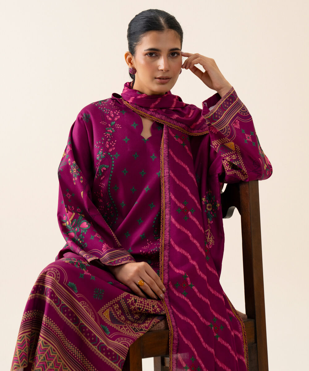 Women's Unstitched Viscose Linen Printed Magenta 3 Piece Suit