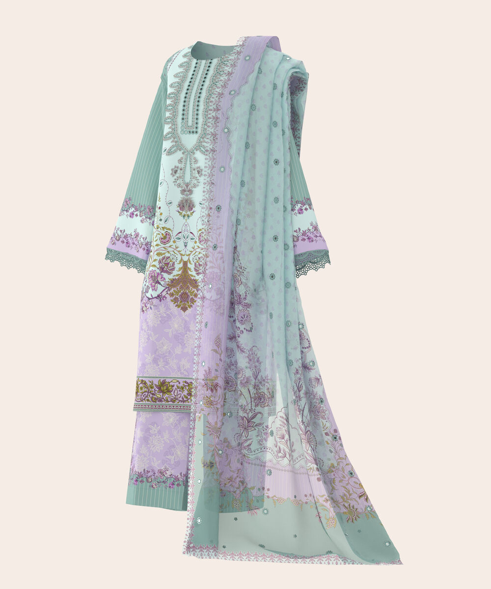 Women's Unstitched Lawn Sea Green and Lilac  Embroidered 3 Piece Suit
