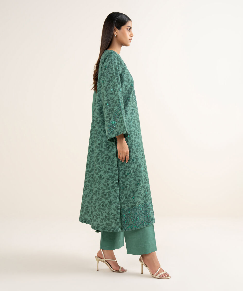 Women's Unstitched Cotton Embroidered Green 3 Piece Suit