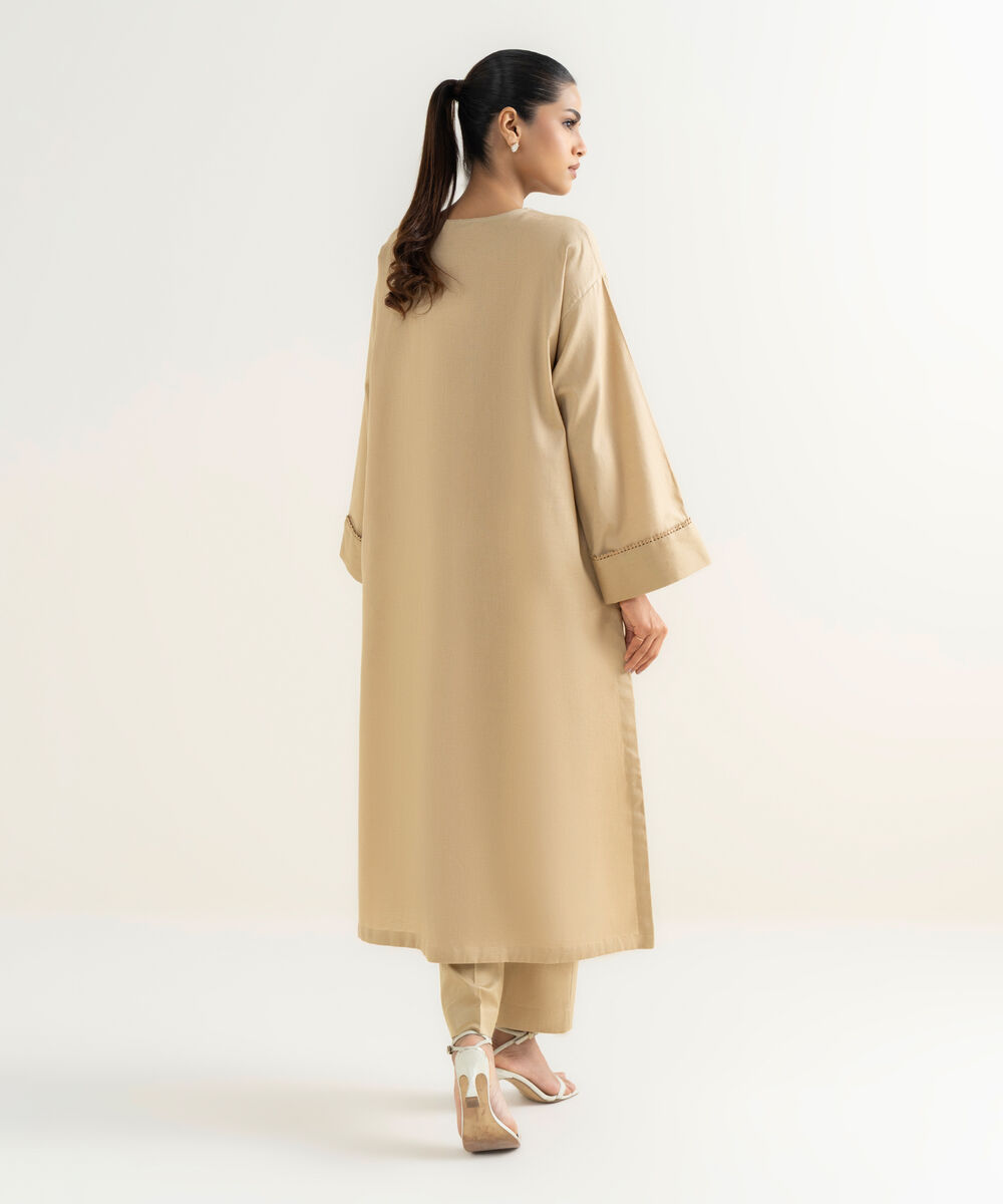 Women's RTW Cotton Linen Beige Solid Drop Shoulder Shirt