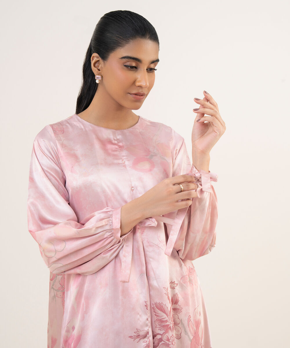 Women's RTW Blended Satin Pink Printed 2 Piece Suit