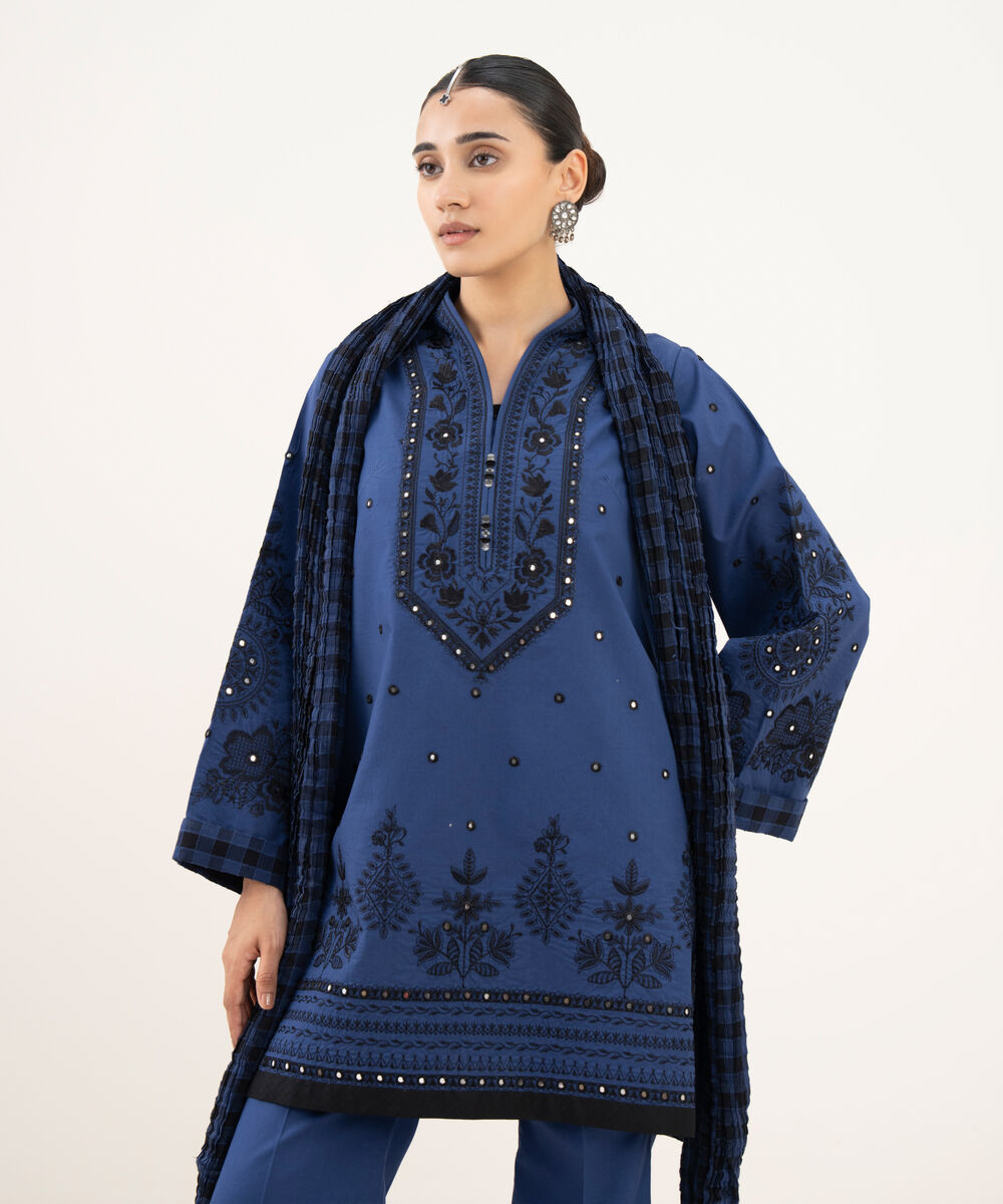 Women's Unstitched Lawn Embroidered Blue 3 Piece Suit