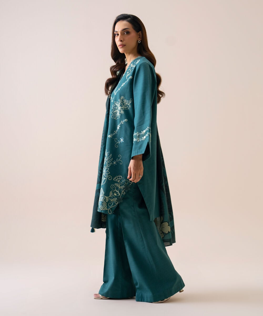Women's Unstitched Light Khaddar Embroidered Teal 3 Piece Suit