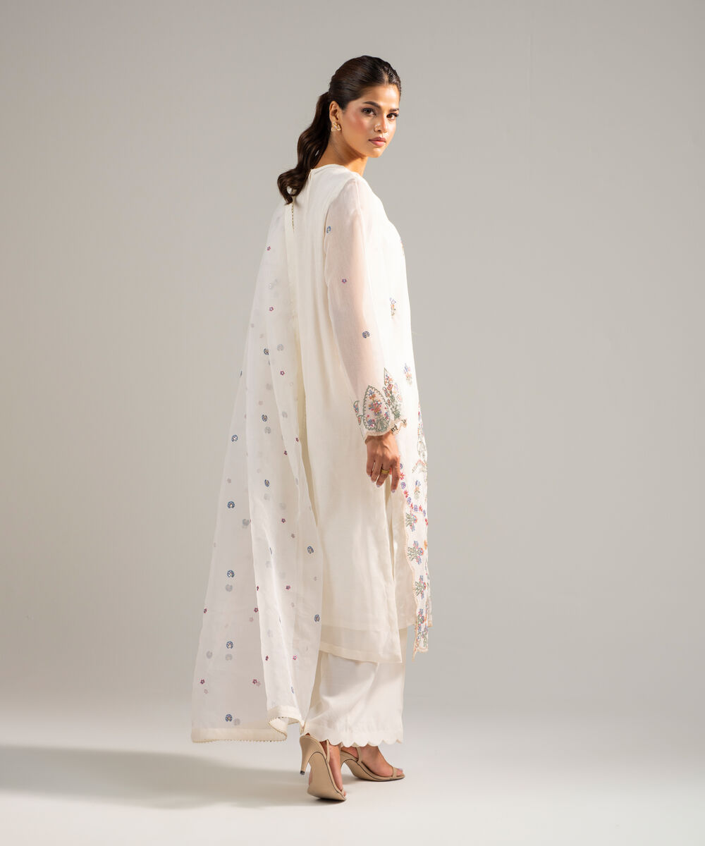 Women's RTW Khaddi Net Embroidered Off White 3 Piece Suit