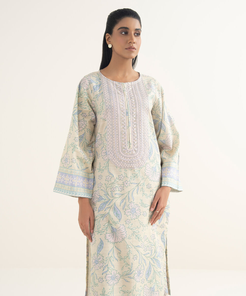 Women's RTW Light Khaddar Embroidered Beige Straight Shirt