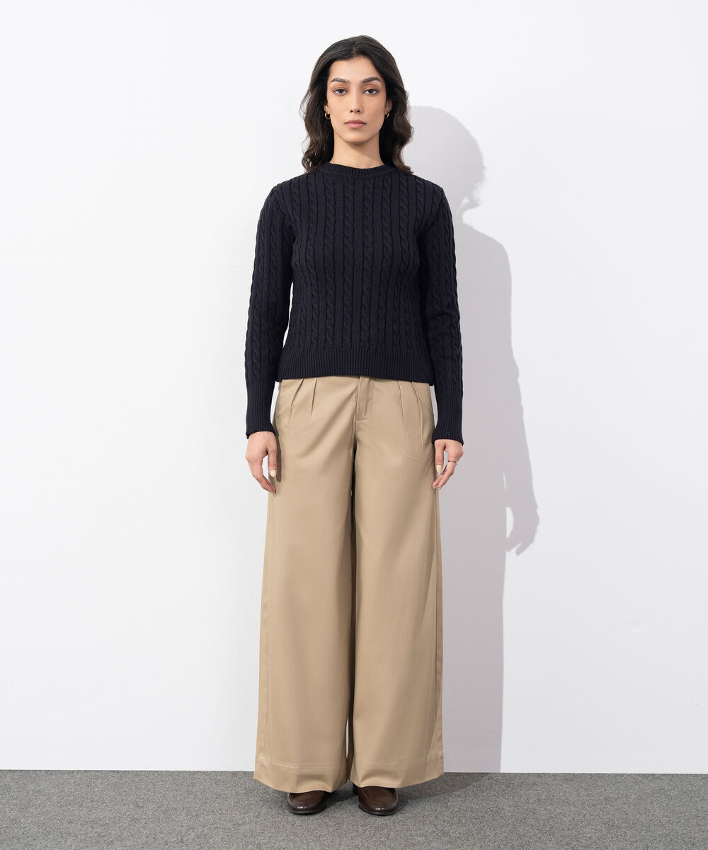 Women's Western Wear Dark Blue Cable Knit Sweater