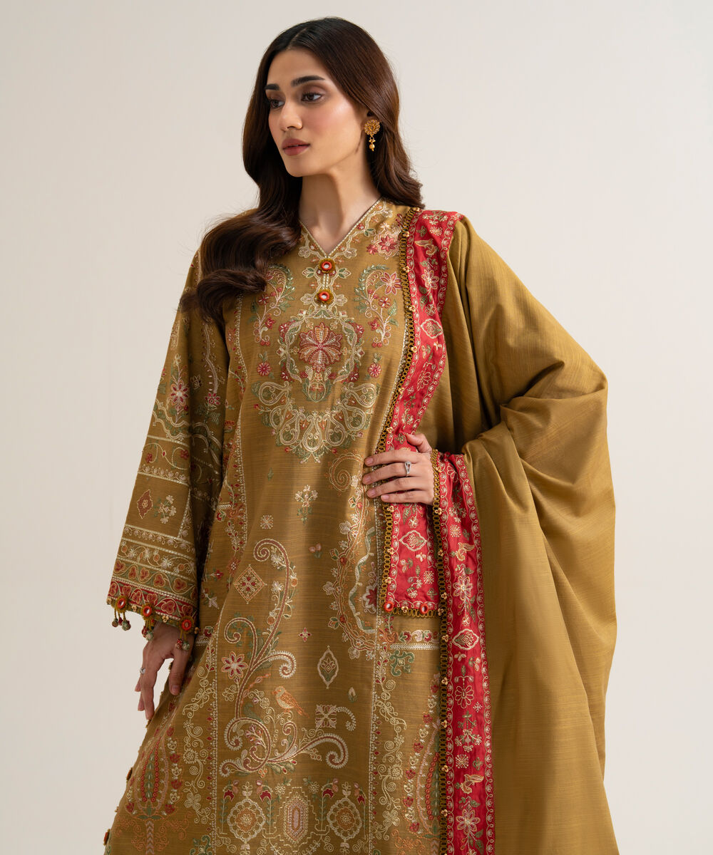 Womens Unstitched Basic Khaddar Embroidered Olive Green 3 Piece Suit