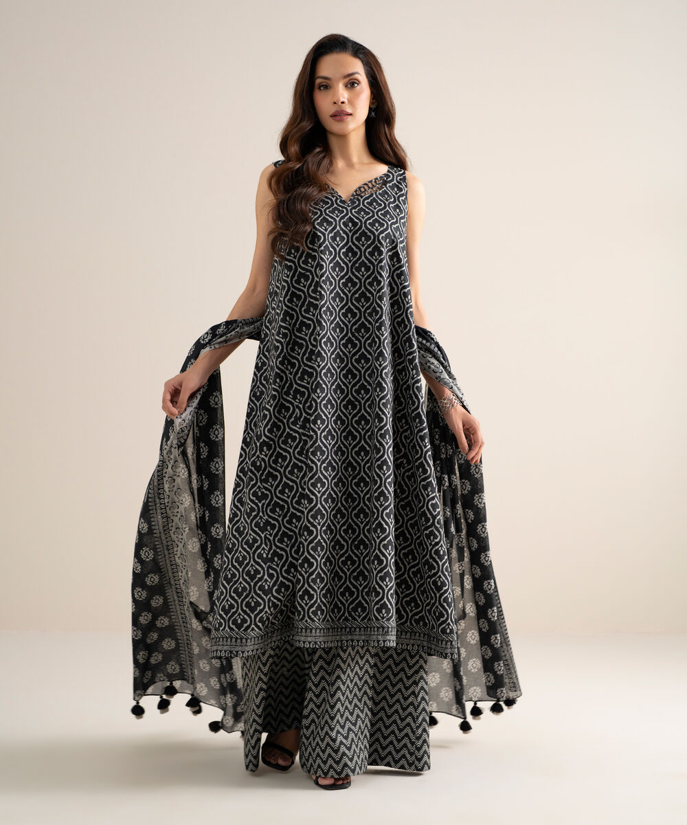 Women's Unstitched Lawn Printed Black & White  3 Piece Suit