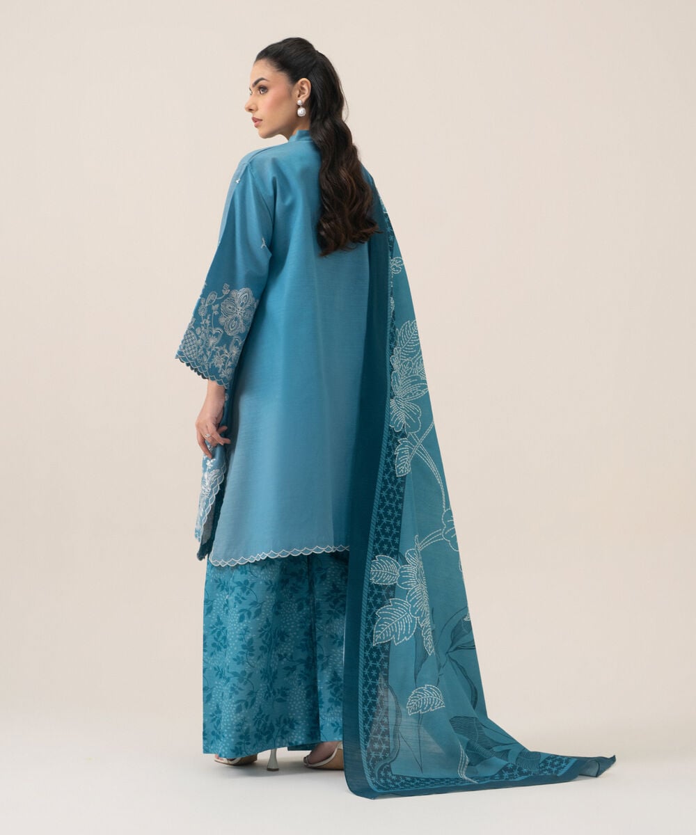 Women's Unstitched Cotton Embroidered Blue 3 Piece Suit