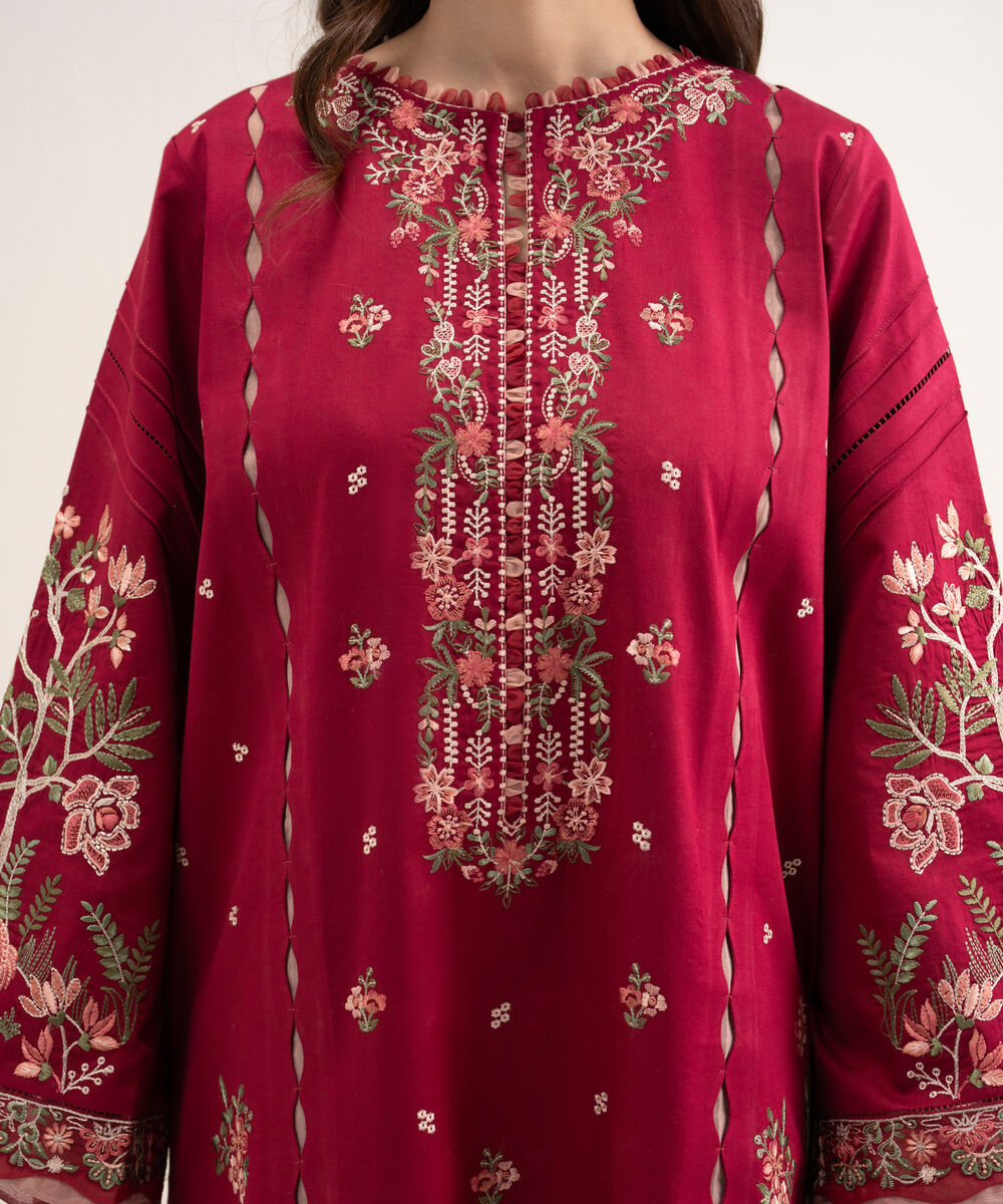 Women's Unstitched Fine Cotton Satin Embroidered Red  3 Piece Suit