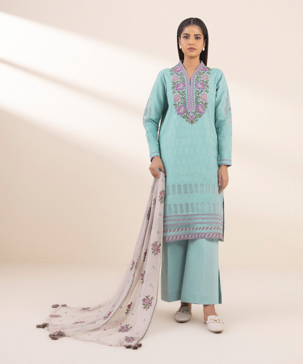 Women's Unstitched Blue Dobby 3 Piece Suit