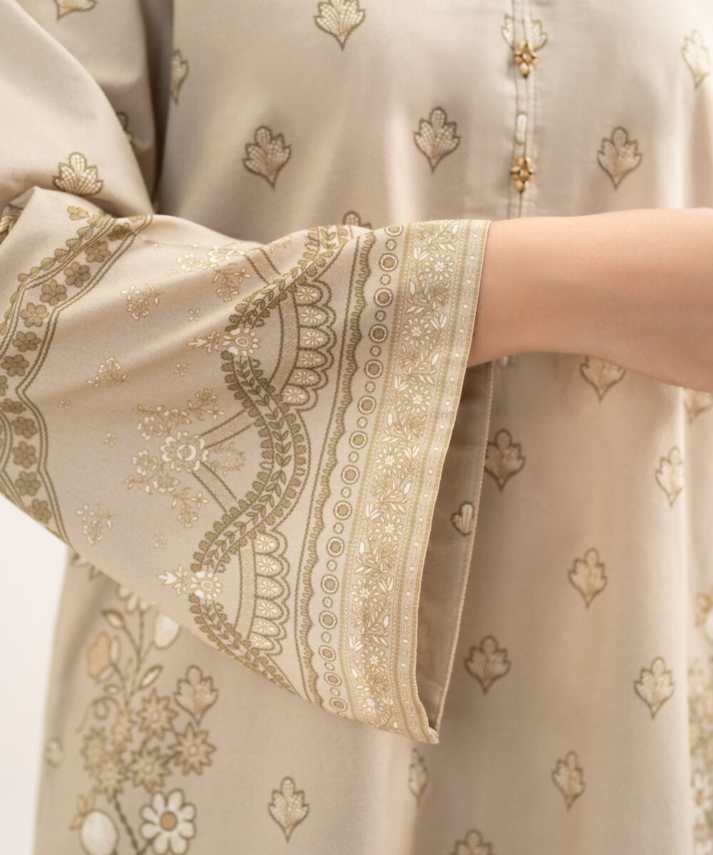 Women's Unstitched Lawn Printed Beige 3 Piece Suit