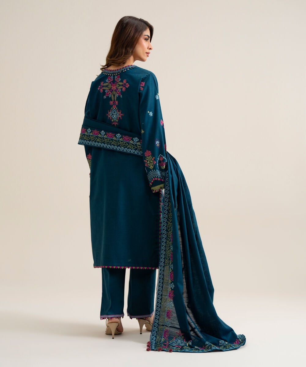 Womens Unstitched Basic Khaddar Embroidered Blue 3 Piece Suit