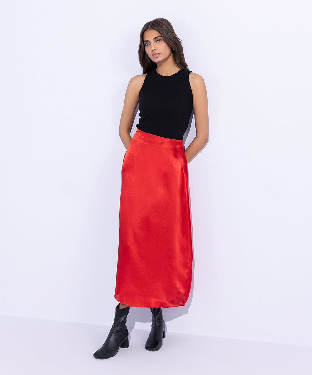 Woman - Red Satin Skirt