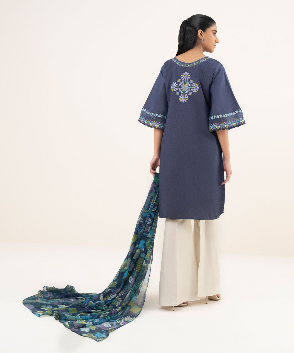 Women's Unstitched Lawn Embroidered Blue Two Piece Suit