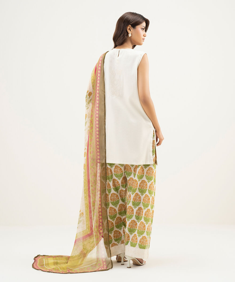 Women's RTW Dobby Embroidered Off White 3 Piece Suit