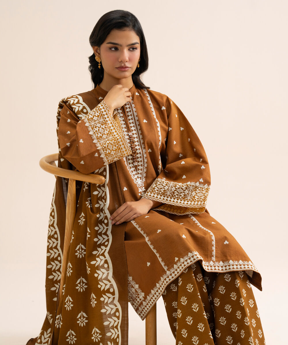 Women's Unstitched Light Khaddar Embroidered Brown 3 Piece Suit